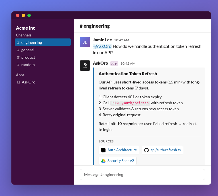 AskOro answering a question in Slack with sources from Notion, GitHub, and Google Drive